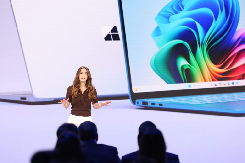 Adrienne Brewbaker, director, Microsoft Surface, on stage May 20, 2024, at an event in Redmond, Washington. (Photo by Dan DeLong for Microsoft)